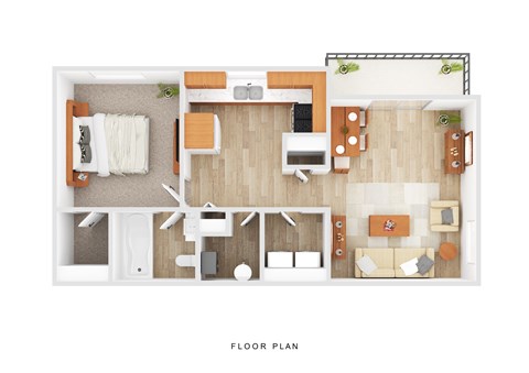 Floor plan for 1 bed, 1 bath, 666 sqft